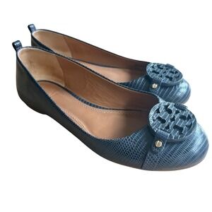 $298 TORY BURCH Mini Miller Lizard Embossed Leather Logo Ballet Flats Navy 7 EUC